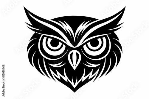 Minimalistic vector of an owl face with bold, clean lines. The owl features large expressive eyes, sharp pointed ears, and a symmetrical, stylized design. owl head silhouette vector illustration