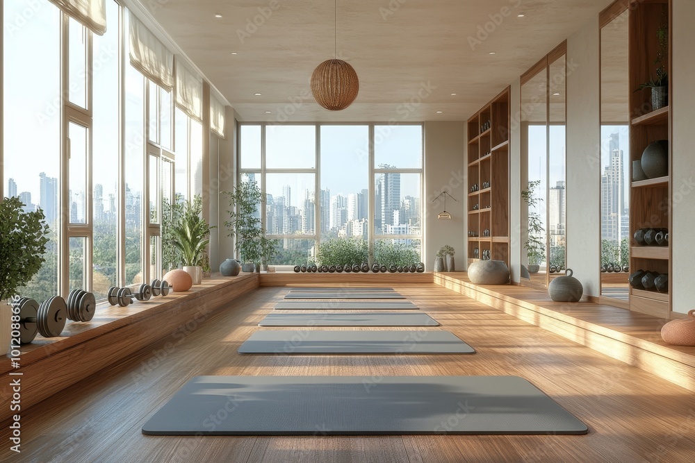 A modern gym with yoga mats, dumbbells and large mirrors on a sunny day. Wooden floor and shelves, white walls, city view from windows. Fitness concept. 3D, Generative AI A modern gym with yoga mats, dumbbells and large mirrors on a sunny day. Wooden floor and shelves, white walls, city view from windows. Fitness concept. 3D, Generative AI