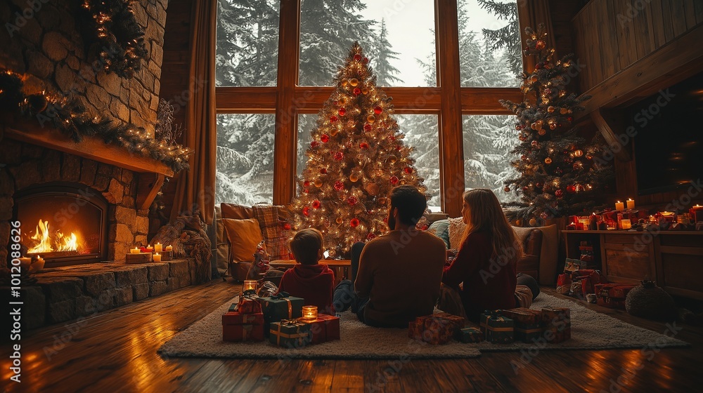 Sustainable Holiday Joy: Family Exchanging Green Gifts by Naturally Decorated Christmas Tree Sustainable Holiday Joy: Family Exchanging Green Gifts by Naturally Decorated Christmas Tree