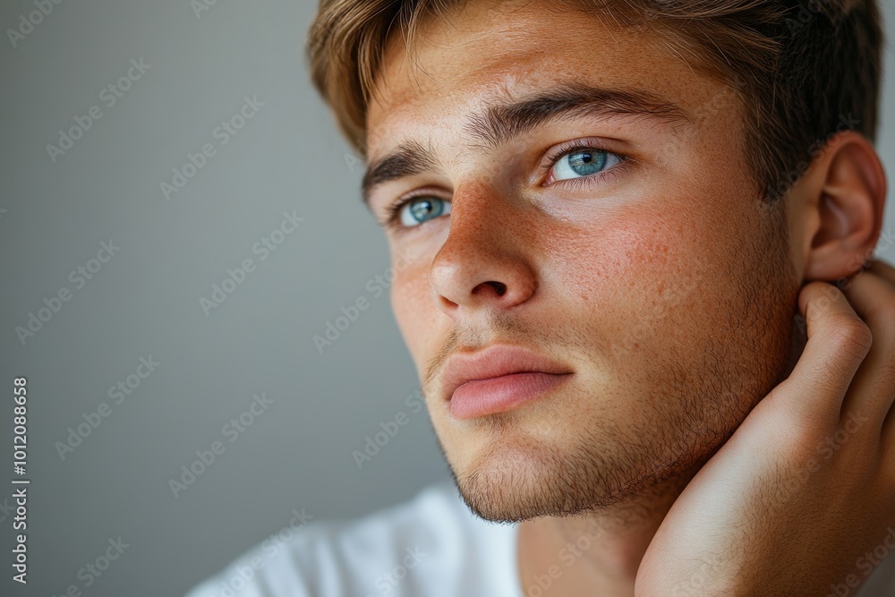 Fototapeta premium Minimal portrait of young man scratching skin while suffering from psoriasis, copy space, Generative AI