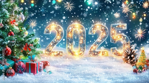 A festive New Yearâ€™s 2025 greeting card design with a vibrant winter theme. The numbers "2025" are made from shimmering ice and snow, standing tall in a snowy landscape.