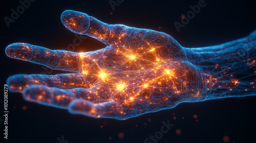 Digital Network of a Human Hand with Glowing Neural Connections