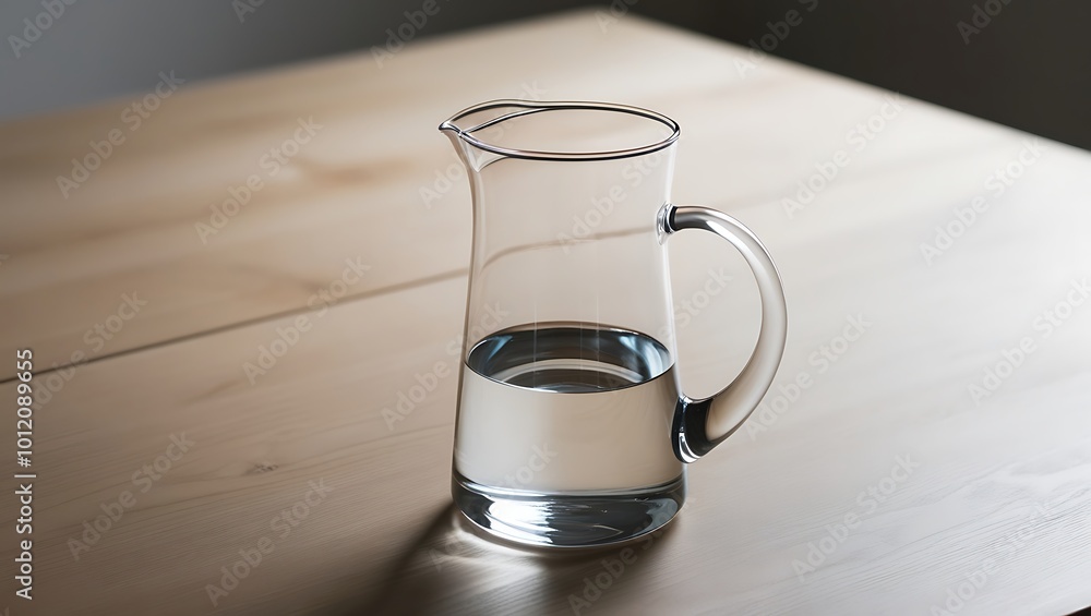 This minimalist still life features a sleek, transparent glass pitcher half-filled with water, placed on a simple wooden table. The natural light softly illuminates the scene This minimalist still life features a sleek, transparent glass pitcher half-filled with water, placed on a simple wooden table. The natural light softly illuminates the scene