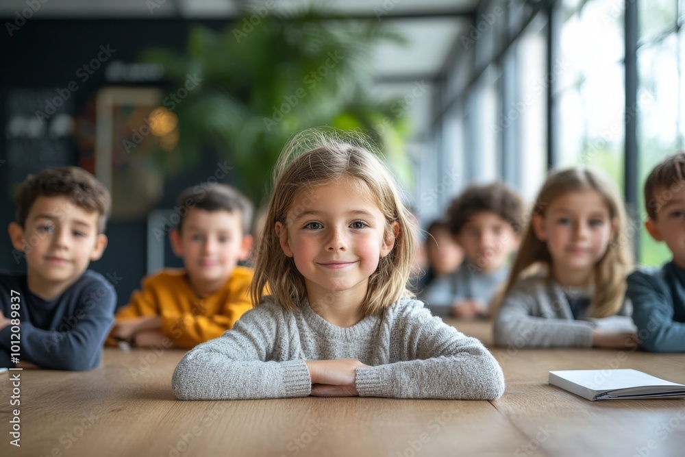 Obraz premium Diverse group of children studying together at table in modern school, copy space, Generative AI