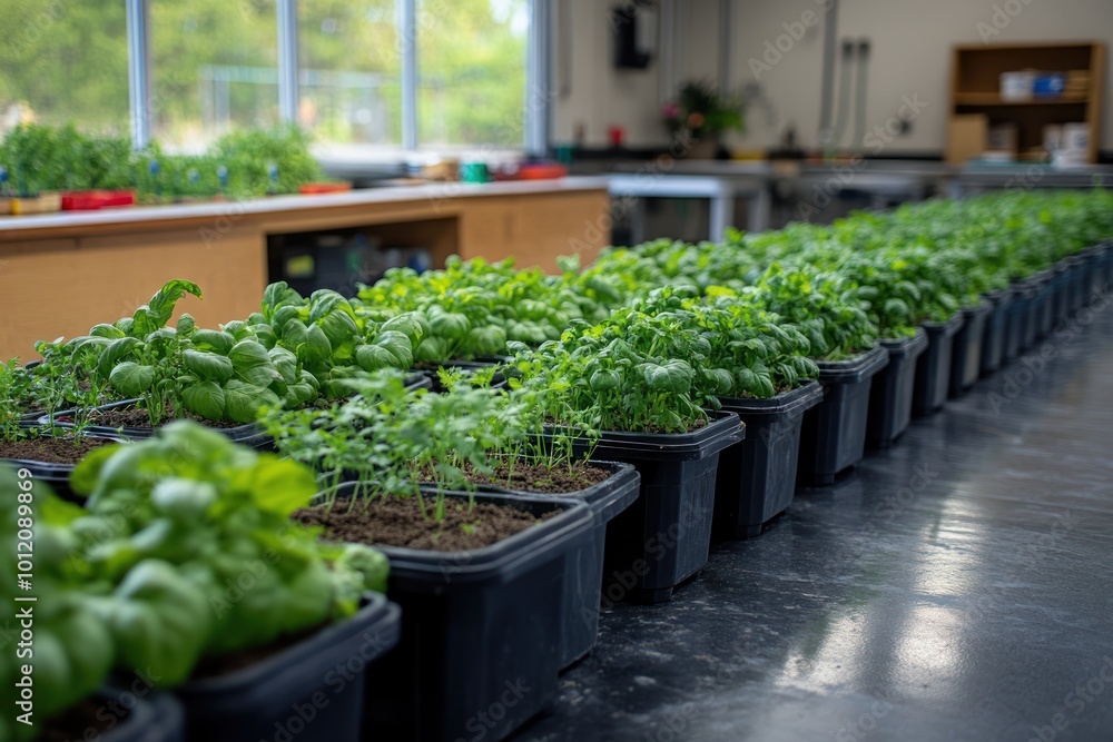 Rows of potted herbs in a greenhouse setting. Rows of potted herbs in a greenhouse setting.