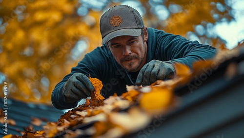 A person cleaning leaves from a roof gutter during autumn, emphasizing seasonal roof maintenance. 