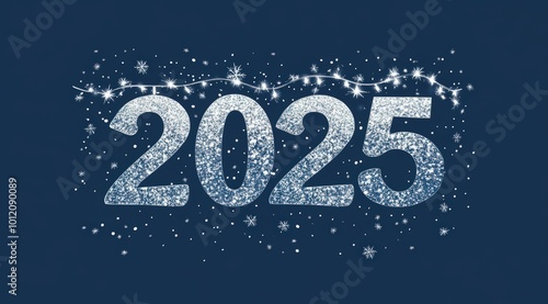 A minimalist New Years 2025 design with the numbers "2025" crafted from shimmering silver foil against a deep midnight blue background.