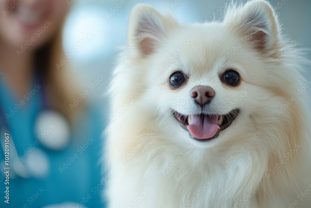 Portrait shot of cute white pomeranian dog against blue-gray blurred background in vet, office, copy space, Generative AI Portrait shot of cute white pomeranian dog against blue-gray blurred background in vet, office, copy space, Generative AI