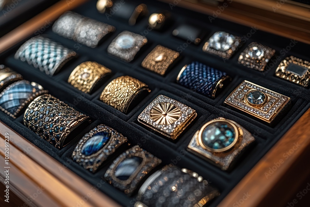 A collection of cufflinks in a wooden box, with a variety of designs and colors. A collection of cufflinks in a wooden box, with a variety of designs and colors.