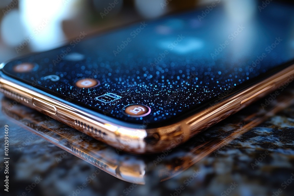 A close-up of a gold smartphone with a black screen and blue glitters. The smartphone is resting on a granite surface. A close-up of a gold smartphone with a black screen and blue glitters. The smartphone is resting on a granite surface.