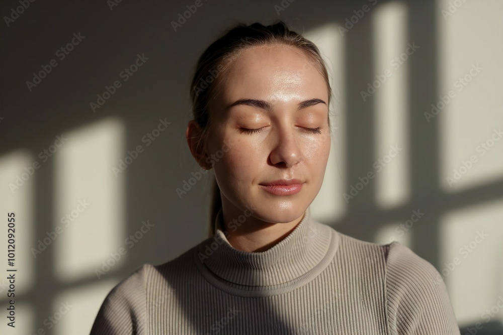 Obraz premium Woman meditating in a quiet room for mental health and mindfulness under sunlight