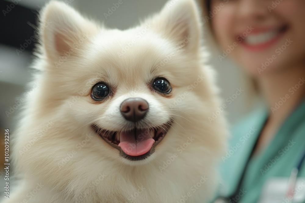 Shot of happy white pomeranian dog climbing up to veterinarians shoulders in vet clinic, Generative AI Shot of happy white pomeranian dog climbing up to veterinarians shoulders in vet clinic, Generative AI