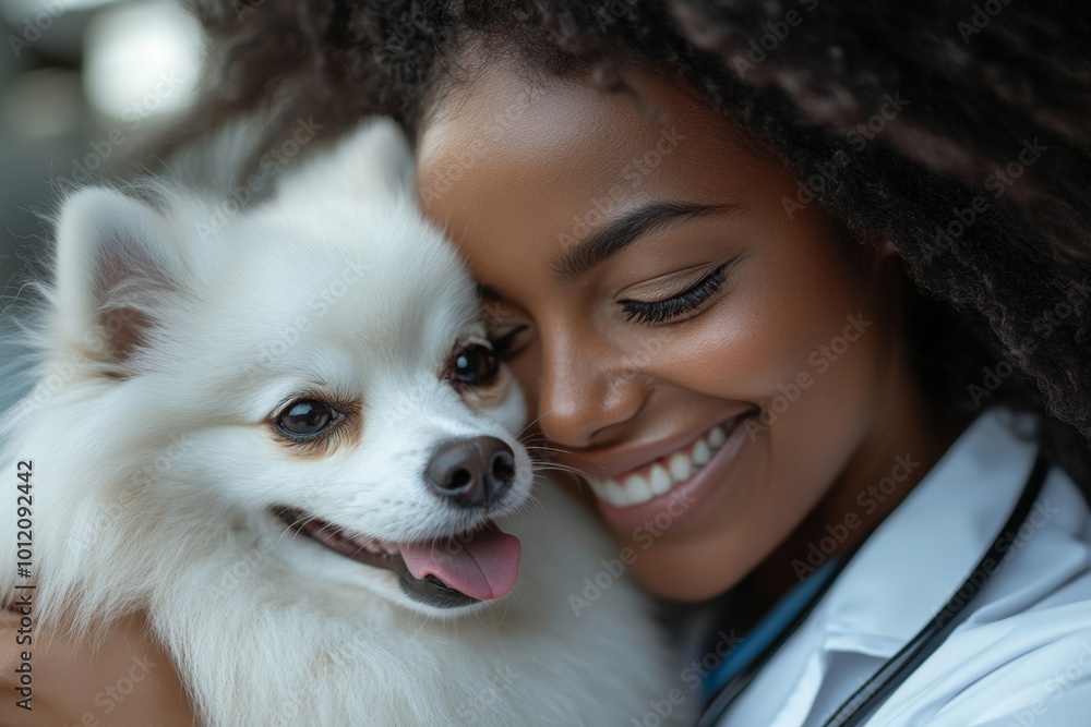 Close up of female African American veterinarian hugging healthy white pomeranian dog, Generative AI Close up of female African American veterinarian hugging healthy white pomeranian dog, Generative AI