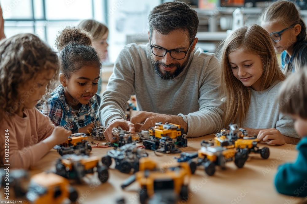 High angle view at diverse group of kids building robots during engineering class at school with male teacher helping, Generative AI High angle view at diverse group of kids building robots during engineering class at school with male teacher helping, Generative AI