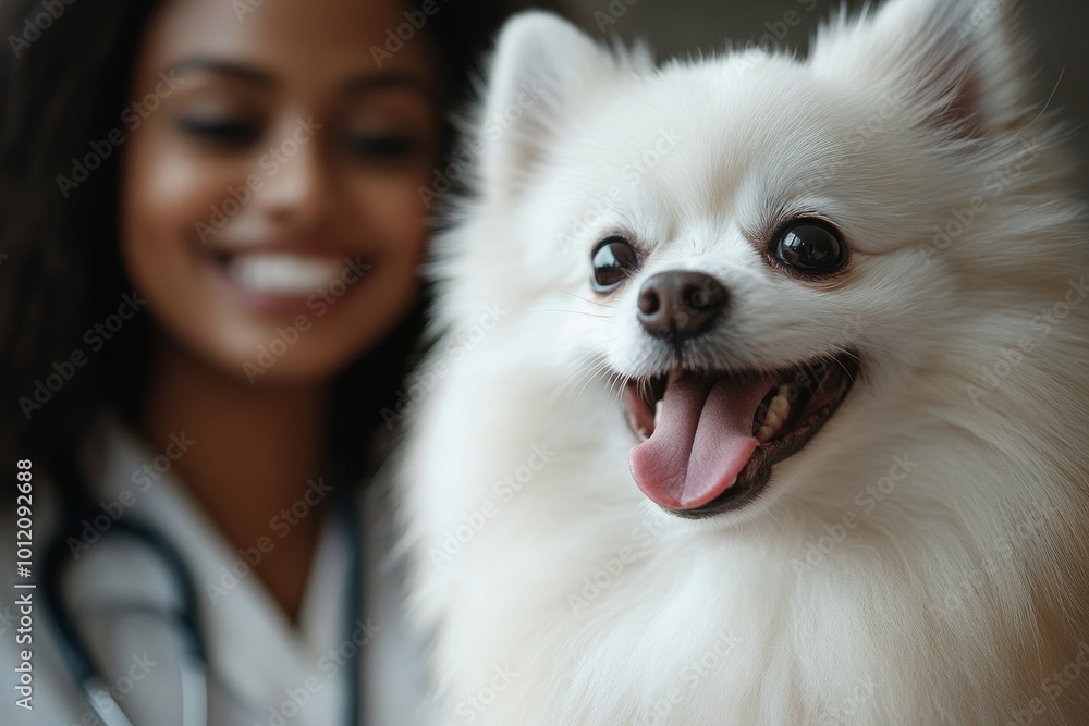 Close up of happy white pomeranian Spitz with mouth open enjoying good stroke from female owner of African American ethnicity in veterinarian clinic, focus on snout, copy, Generative AI Close up of happy white pomeranian Spitz with mouth open enjoying good stroke from female owner of African American ethnicity in veterinarian clinic, focus on snout, copy, Generative AI
