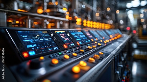 Control panel with digital displays and buttons in a factory.