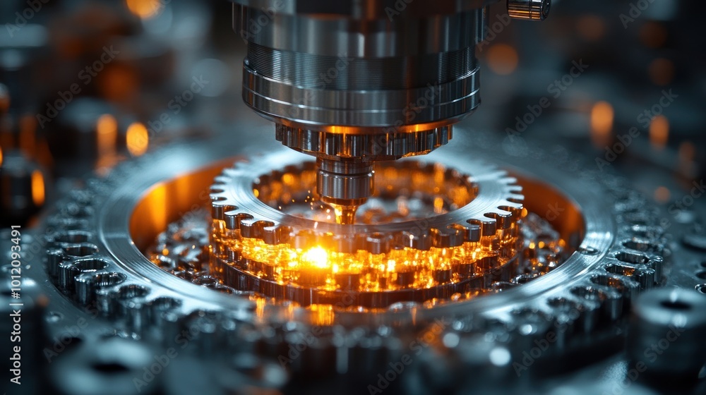 Close-up of a metal gear mechanism with a drill bit in the center. Close-up of a metal gear mechanism with a drill bit in the center.