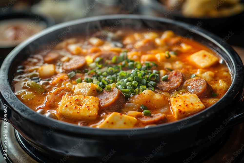 Enjoying a comforting bowl of Budae Jjigae filled with savory ingredients at a cozy dining setting Enjoying a comforting bowl of Budae Jjigae filled with savory ingredients at a cozy dining setting