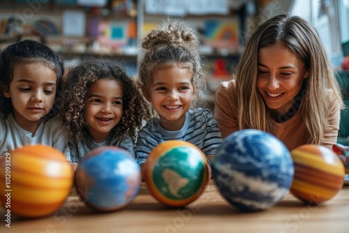 Diverse group of little kids playing with planet models while enjoying class in preschool with teacher watching, Generative AI