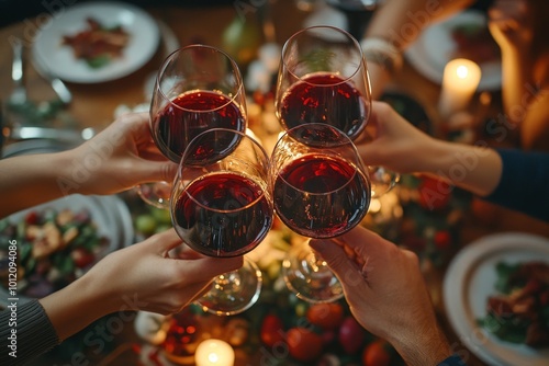 High angle closeup of friends toasting with red wine glasses while celebrating at dinner table, shot with flash, Generative AI
