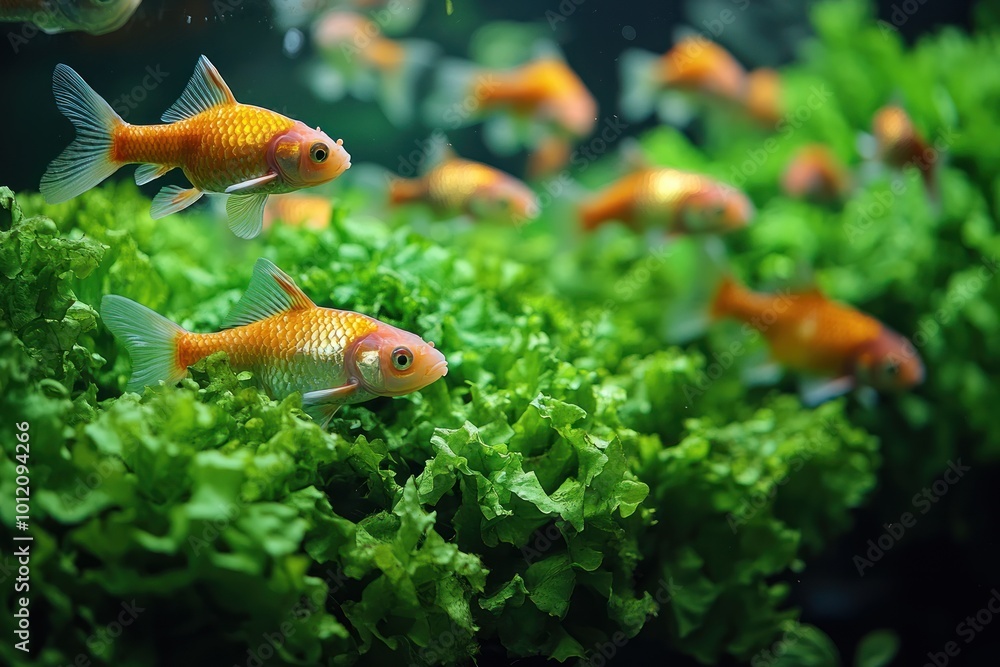 A school of goldfish swimming among green lettuce in an aquarium tank. A school of goldfish swimming among green lettuce in an aquarium tank.