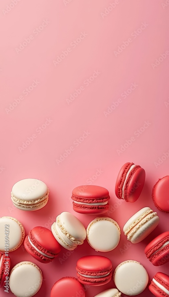 Fototapeta premium Colorful french macarons balancing on pink background