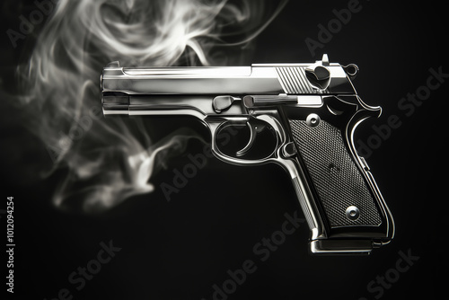 A polished chromed handgun rests against a dark backdrop, engulfed in wisps of smoke, evoking an air of mystery and tension photo