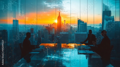 Silhouettes of business people who are working with documents. Panoramic New York city view with downtown skyscrapers. Law firm and corporate lifestyle concept. Double, Generative AI