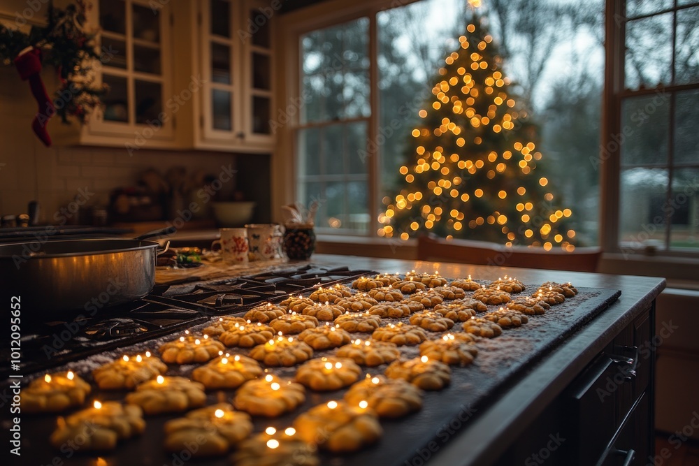 Freshly baked cookies on a kitchen counter with a Christmas tree in the background. Freshly baked cookies on a kitchen counter with a Christmas tree in the background.