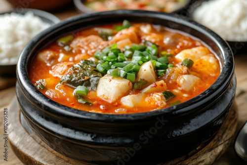 A steaming bowl of kimchi jjigae with tender meat and vegetables served on a rustic table alongside fluffy white rice