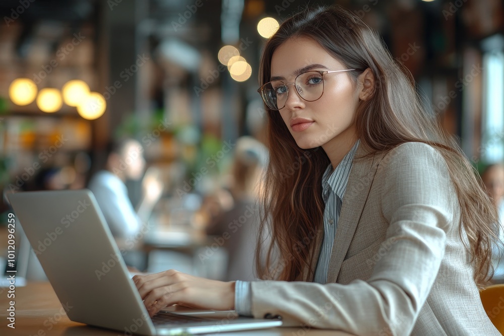 © Pooja - Side view of brunette business woman in glasses wearing beige suit working on laptop while sitting at table in company office with colleagues in, Generative AI © Pooja - Side view of brunette business woman in glasses wearing beige suit working on laptop while sitting at table in company office with colleagues in, Generative AI