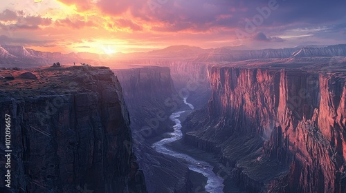 Golden Sunset Over a Majestic Canyon with a Winding River, AI Generation