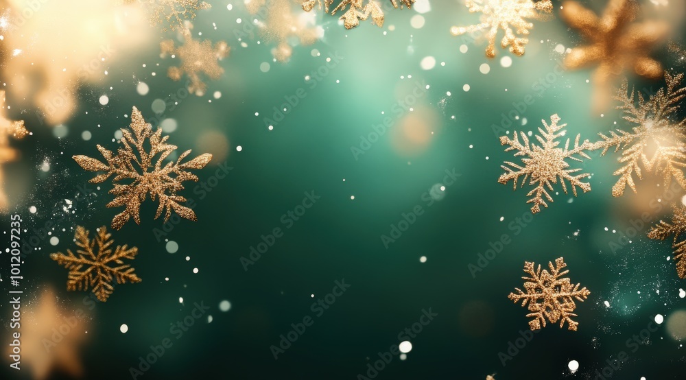 Elegant background with golden snowflakes on a dark green background, soft glow and delicate lines, creating a festive yet refined atmosphere Elegant background with golden snowflakes on a dark green background, soft glow and delicate lines, creating a festive yet refined atmosphere