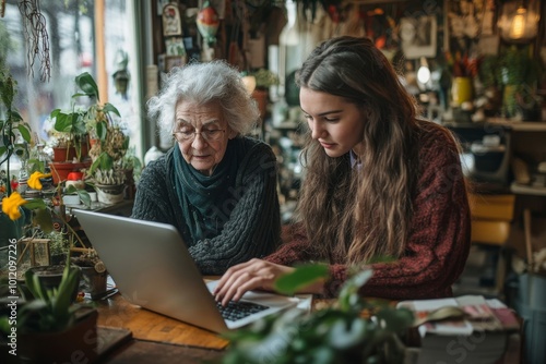 Senior woman assisting young girl with task on laptop in cozy room surrounded by various decorations and plants, Generative AI