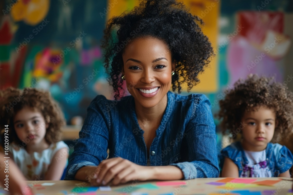 Portrait of kind Black woman helping group of little kids sitting at table in arts and crafts class, copy space, Generative AI Portrait of kind Black woman helping group of little kids sitting at table in arts and crafts class, copy space, Generative AI