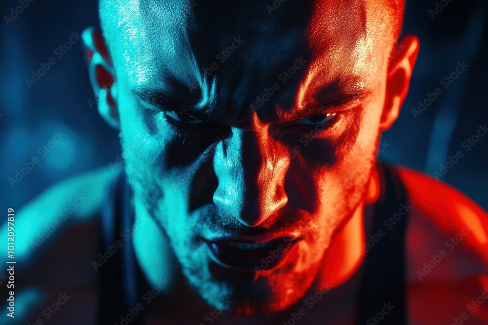 Fototapeta premium A dramatic, intense close up of an angry man's face illuminated with red and blue lights.