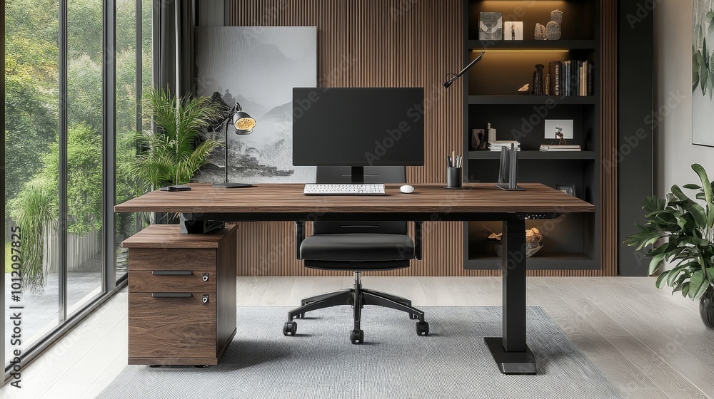Fototapeta premium Adjustable Height Desk Stand In Office, Generative AI
