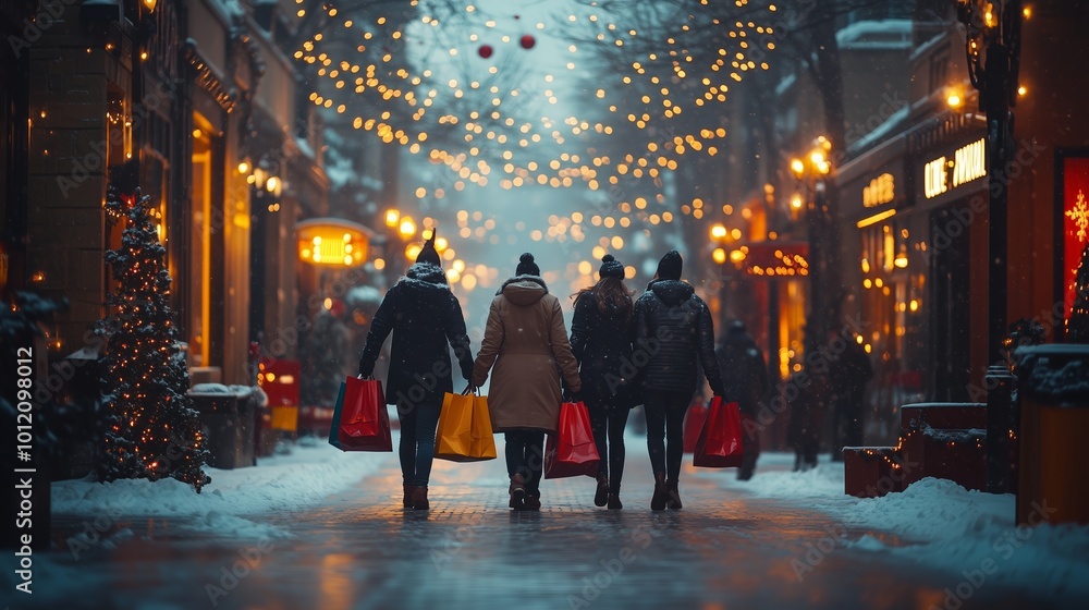 A group of four people walk through a snow-covered, festive city street, illuminated by warm, glowing lights and Christmas decorations. A group of four people walk through a snow-covered, festive city street, illuminated by warm, glowing lights and Christmas decorations.