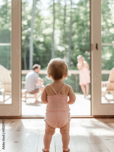 A back view of a baby standing in a sunlit room near glass doors with family in the background.