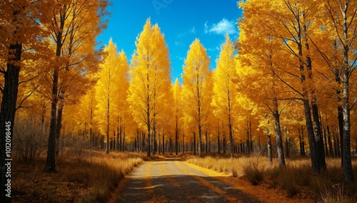 A high-definition image of a grove of golden aspen trees in full autumn color, with the bright blue sky contrasting the vibrant yellow leaves and casting shadows on the forest floor.