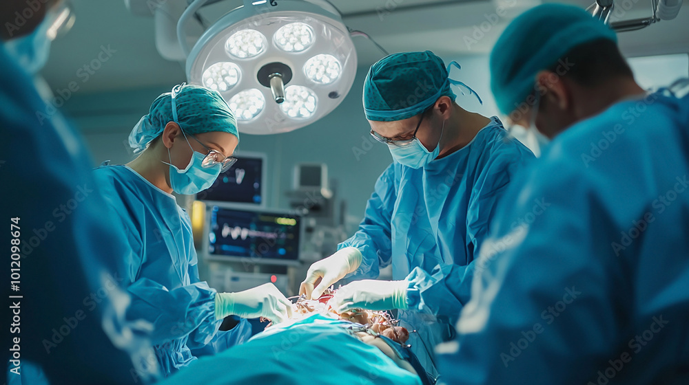 Doctors perform complex surgery on a patient on the operating room table created by AI Doctors perform complex surgery on a patient on the operating room table created by AI
