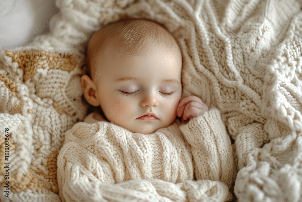 Top view at baby girl sleeping in arms of mom, focus on baby hand, copy space, Generative AI Top view at baby girl sleeping in arms of mom, focus on baby hand, copy space, Generative AI