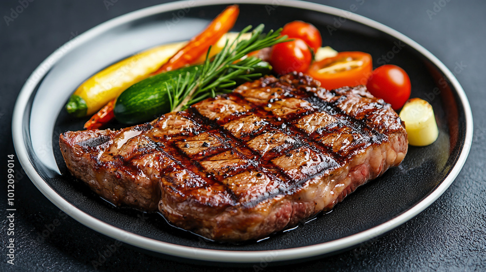 Delicious Grilled Steak with Vegetables and Rosemary on a Black Plate created in AI Delicious Grilled Steak with Vegetables and Rosemary on a Black Plate created in AI