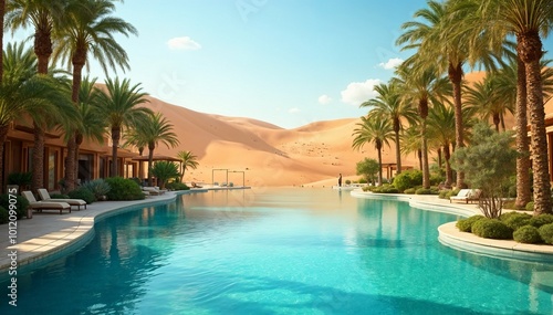 A high-definition image of a tranquil desert oasis, with a pool of crystal-clear water surrounded by vibrant green palm trees, set against the backdrop of endless golden sand dunes.