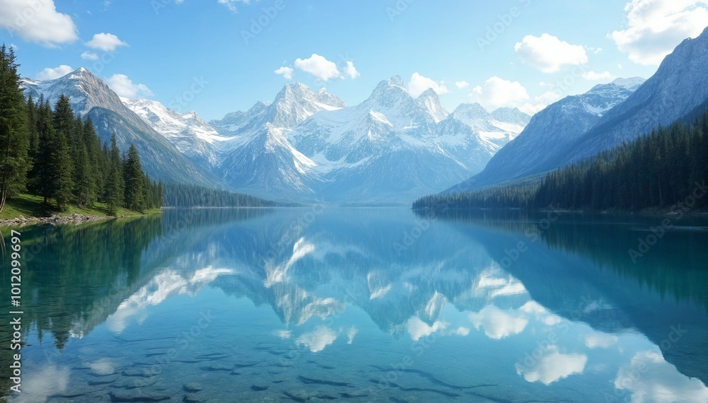 Fototapeta premium A serene high-definition scene of a crystal-clear mountain lake, perfectly reflecting the surrounding snow-capped peaks and evergreen trees under a blue sky with a few clouds.