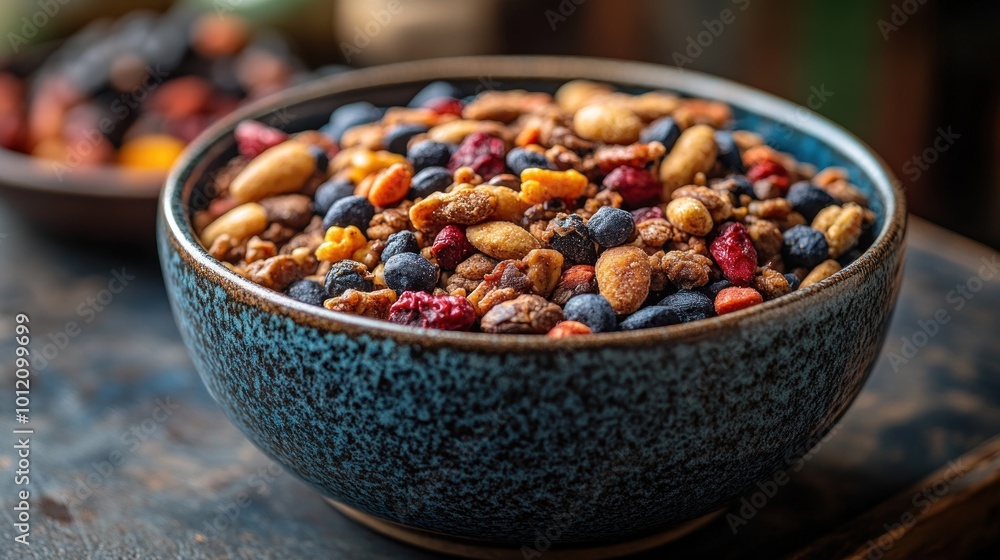 A blue bowl filled with granola, nuts, dried fruit, and blueberries. A blue bowl filled with granola, nuts, dried fruit, and blueberries.
