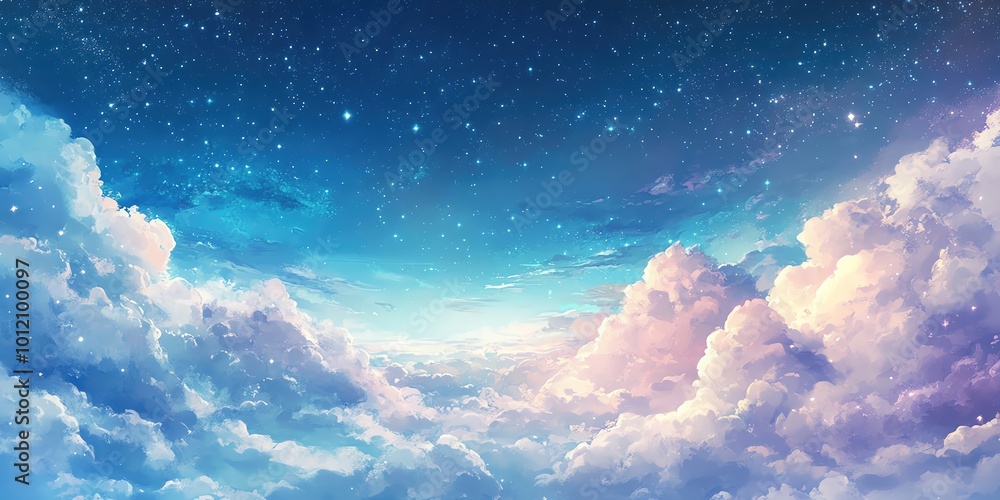 Fantasy landscape of floating clouds with a blend of soft pastel colors and stars Fantasy landscape of floating clouds with a blend of soft pastel colors and stars