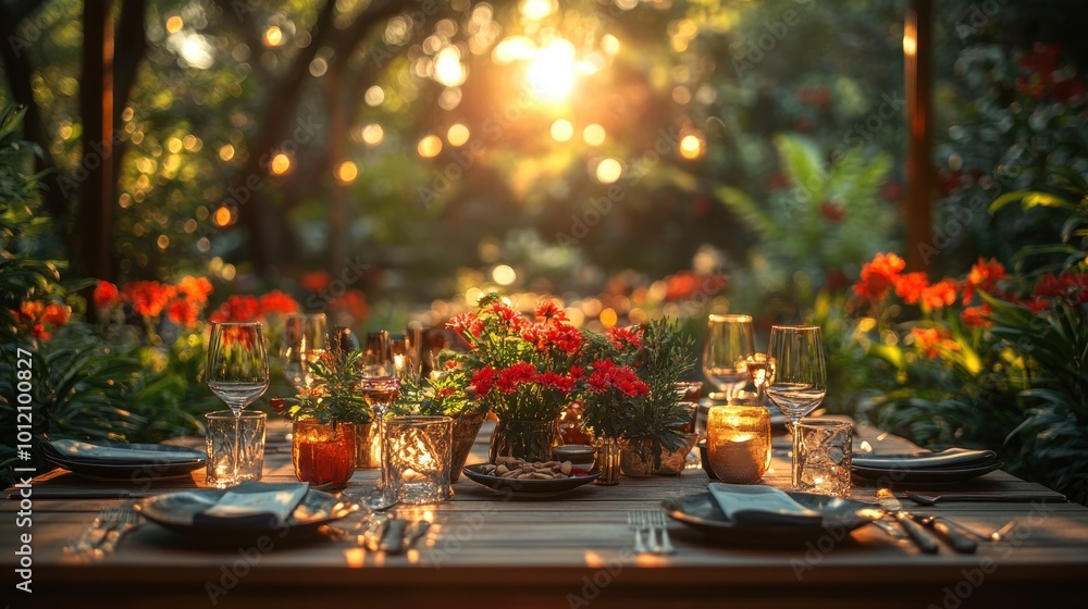 A beautifully set table for a dinner party in a lush outdoor garden setting with warm sunset light shining through the trees. A beautifully set table for a dinner party in a lush outdoor garden setting with warm sunset light shining through the trees.