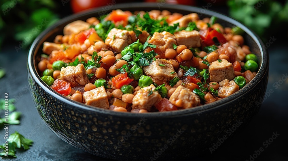 A close-up of a bowl of vegan chili with tofu, beans, peas, and tomatoes. A close-up of a bowl of vegan chili with tofu, beans, peas, and tomatoes.