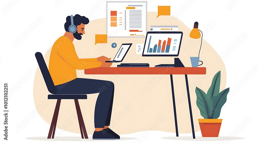 A business executive making important decisions over a video conference call A business executive making important decisions over a video conference call